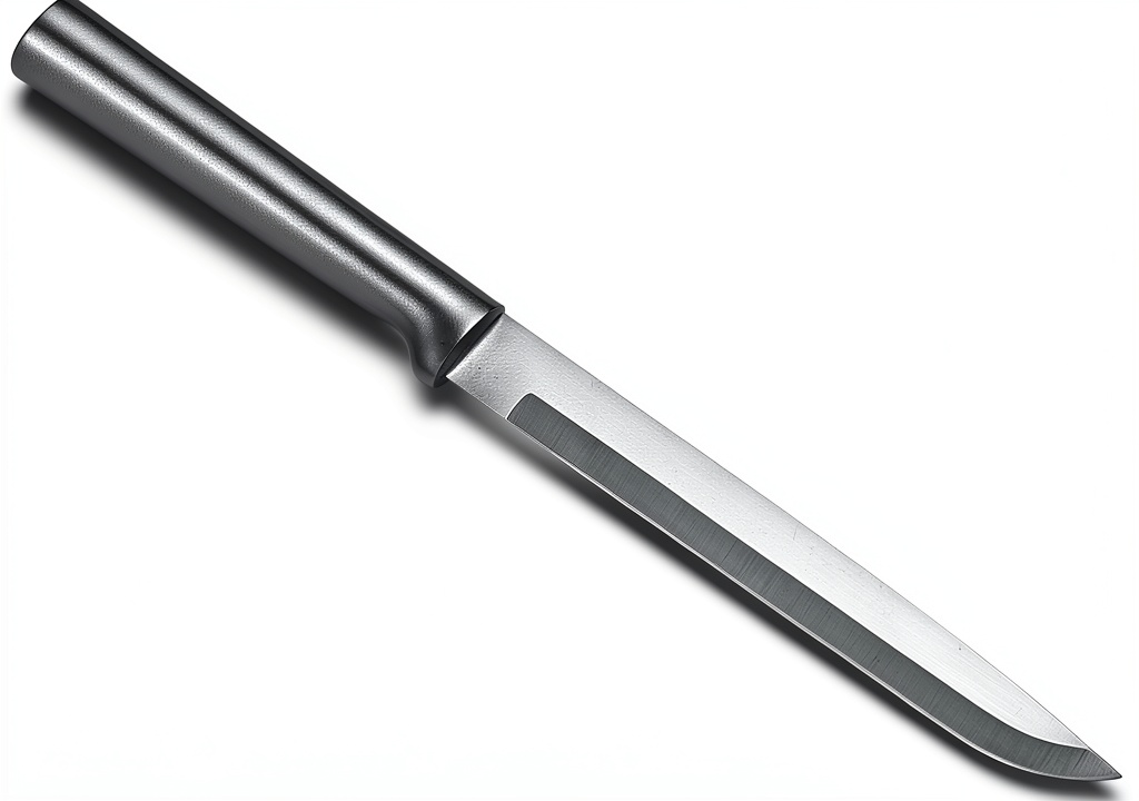 RADA steak knife with silver blade and handle on a cutting board