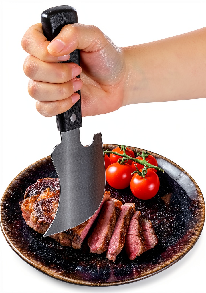 Hanaive rocker knife showing stainless steel blade and wood handle