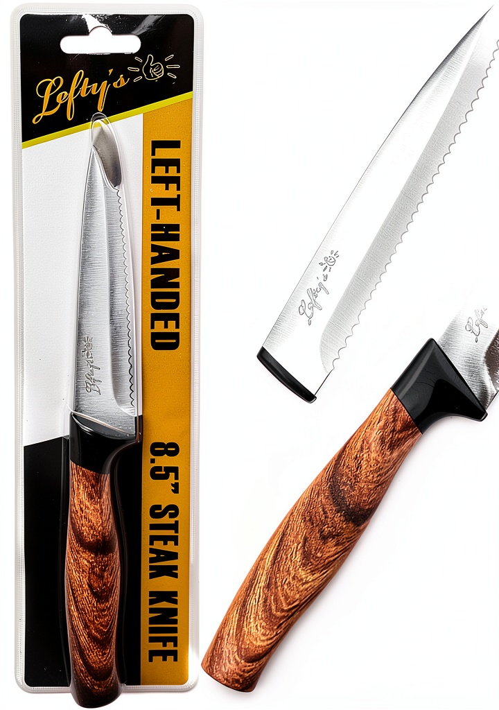 Lefty's Left Handed Steak Knife with serrated blade on a cutting board