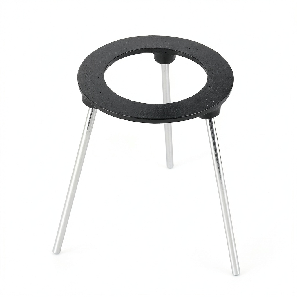 Cast iron tripod assembled with Bunsen burner in a lab setting