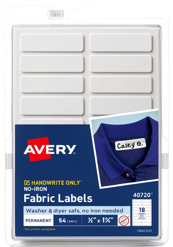 Avery Fabric Labels 1/2 x 1-3/4 Inch White No Iron L‑Shaped Pack of 54-0